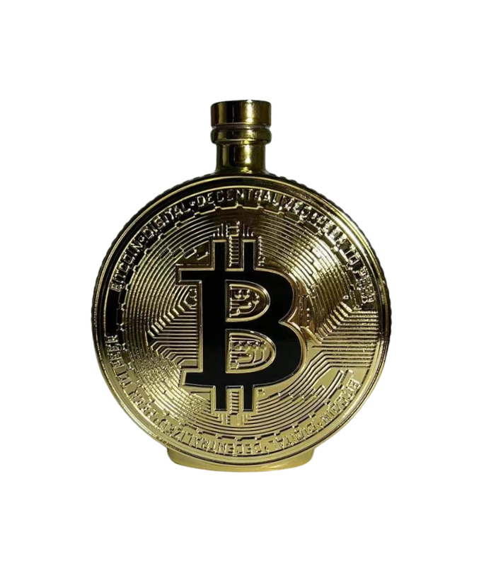 Original gold BTC bottle with a black Bitcoin emblem and detailed coin relief